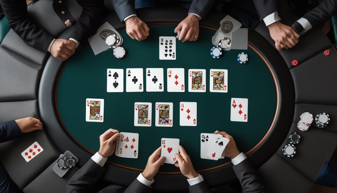 Kartu-kartu poker tersusun menampilkan berbagai kombinasi tangan dari yang terkuat hingga terlemah di atas meja hijau.
