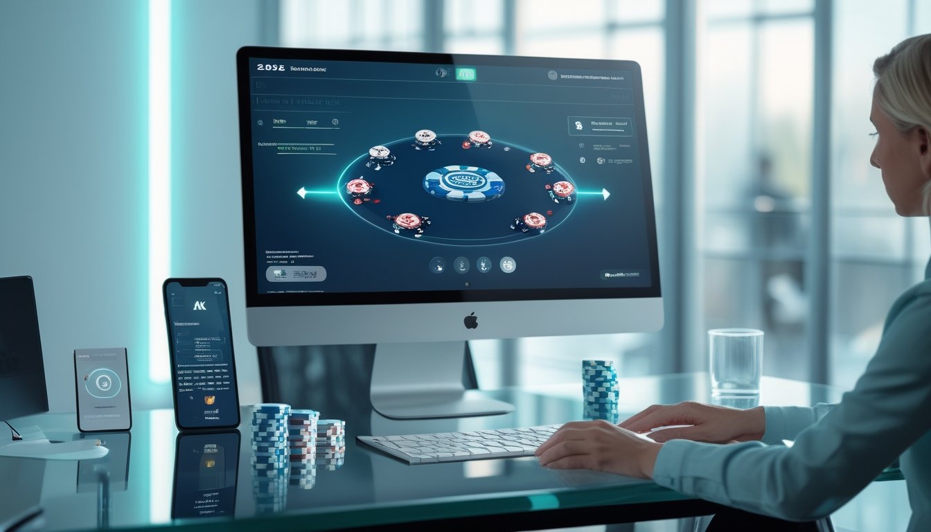 Tampilan perangkat digital dengan permainan poker online, kartu, keping poker, dan simbol keamanan di lingkungan kantor modern.