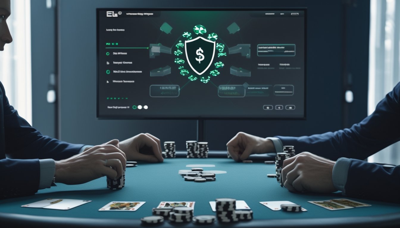 Meja poker modern dengan kartu, keping poker, dan layar yang menampilkan simbol keamanan serta verifikasi.