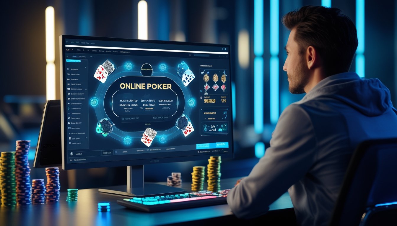Seseorang memainkan poker online di depan komputer dengan kartu dan keping poker di meja.