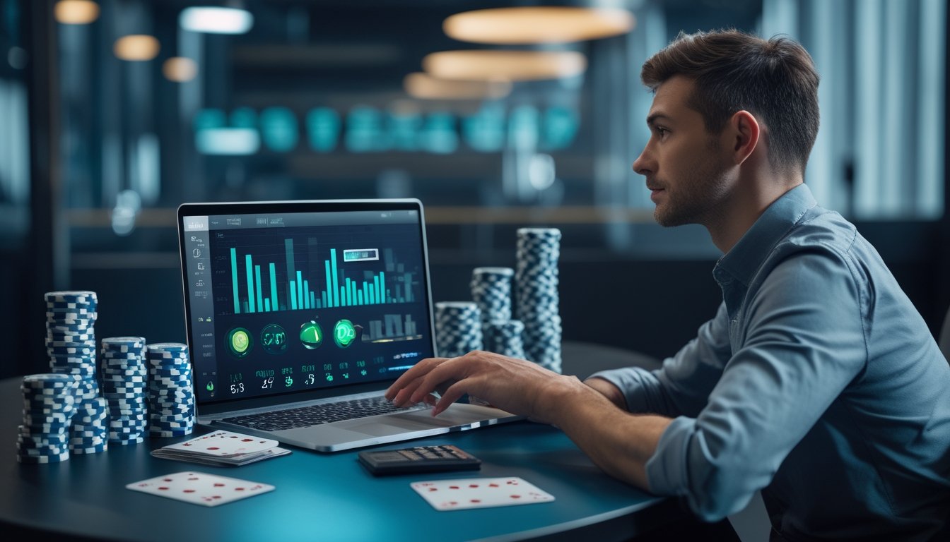 Seorang analis memeriksa dashboard performa poker dengan grafik abstrak, kartu, dan keping poker di meja kerja.