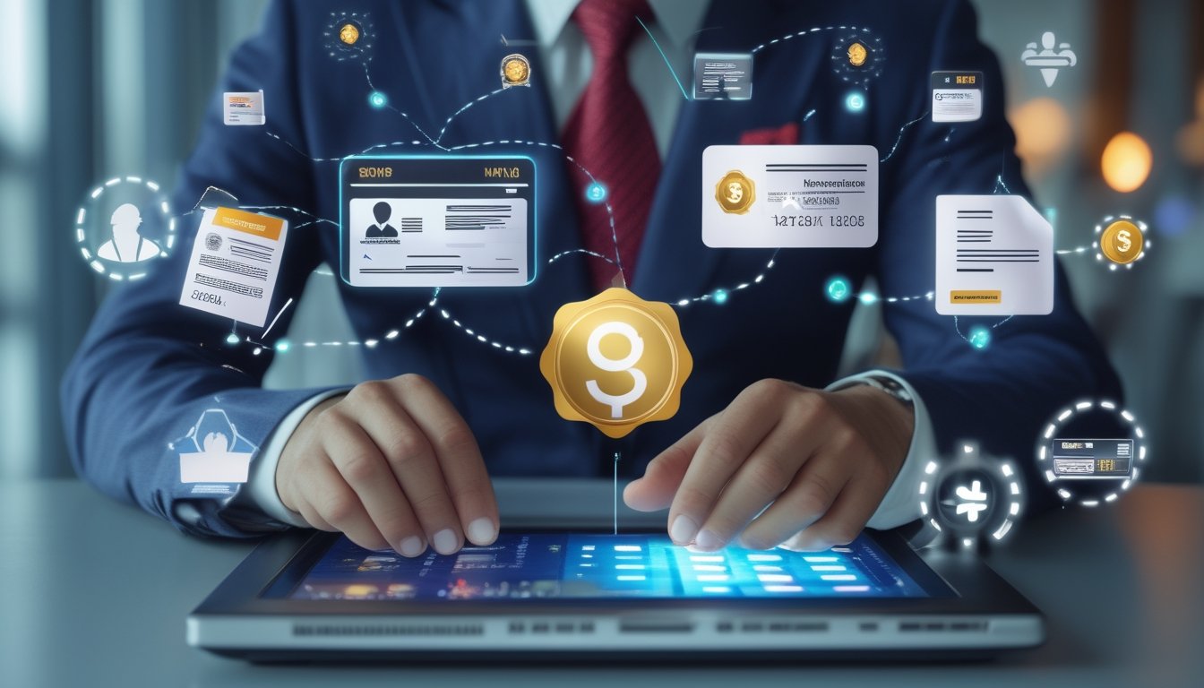 Seorang profesional memeriksa lisensi dan keamanan situs poker online menggunakan laptop di kantor modern.