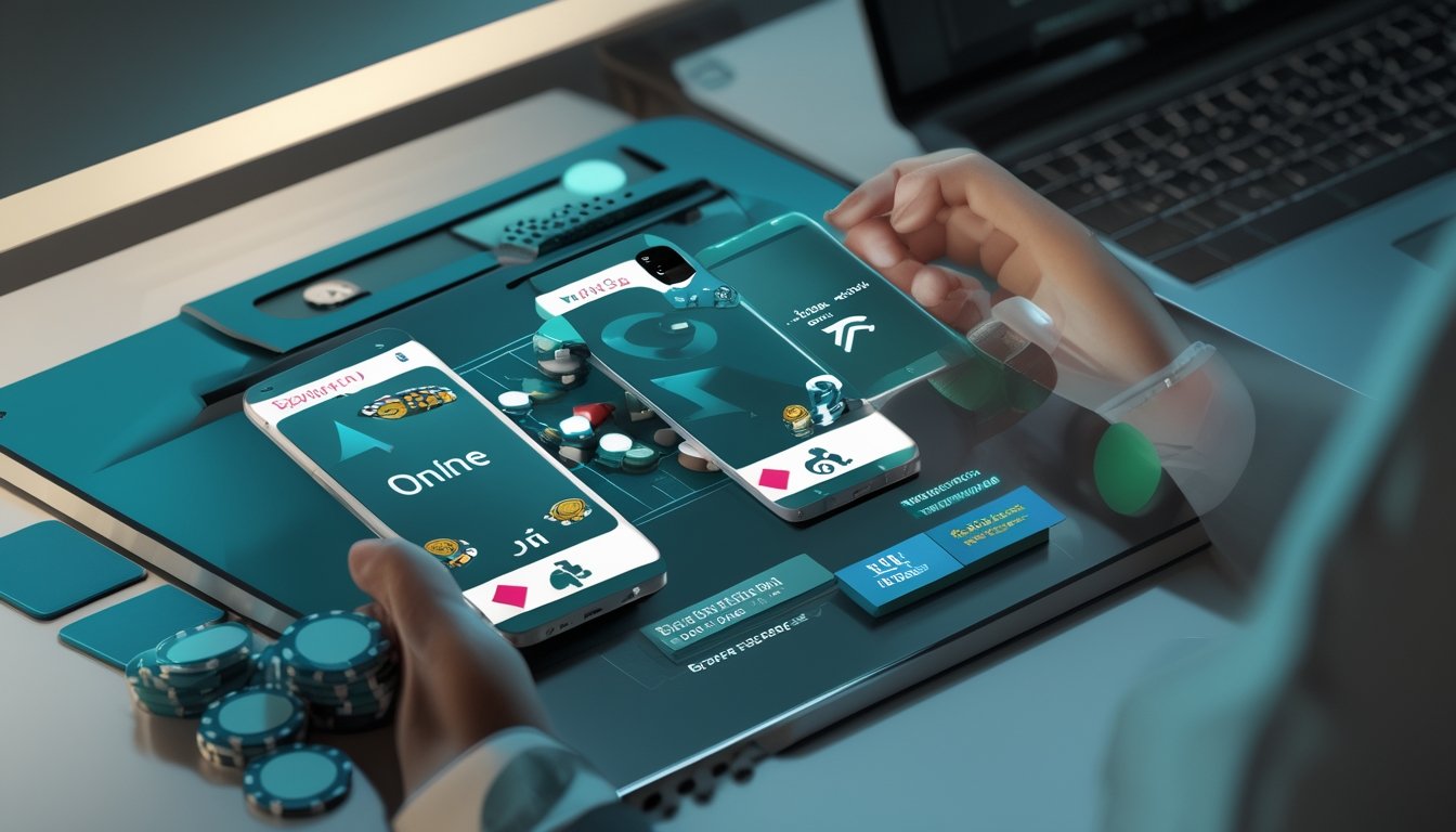 Smartphone dan laptop menampilkan permainan poker digital di meja modern dengan elemen pembayaran seluler.