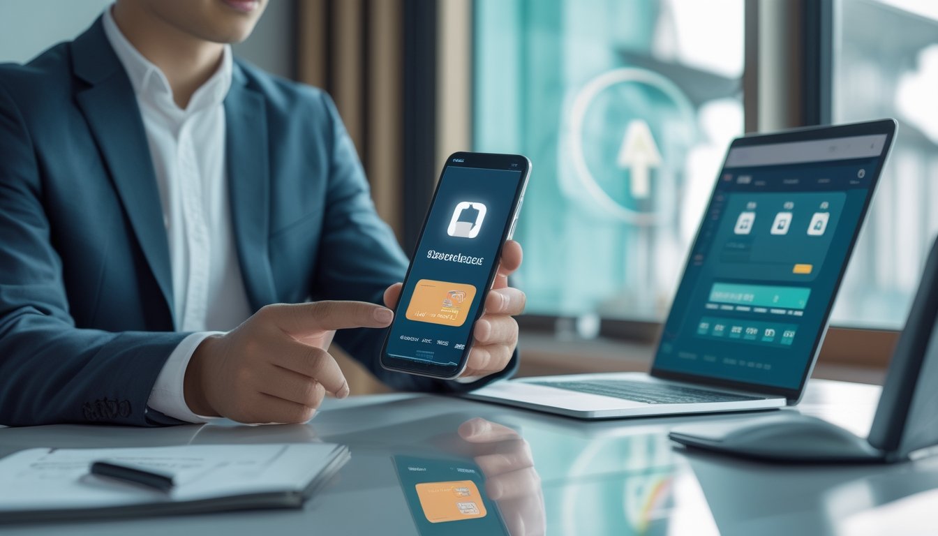 Seseorang menggunakan ponsel untuk memahami proses deposit digital di meja kerja modern.