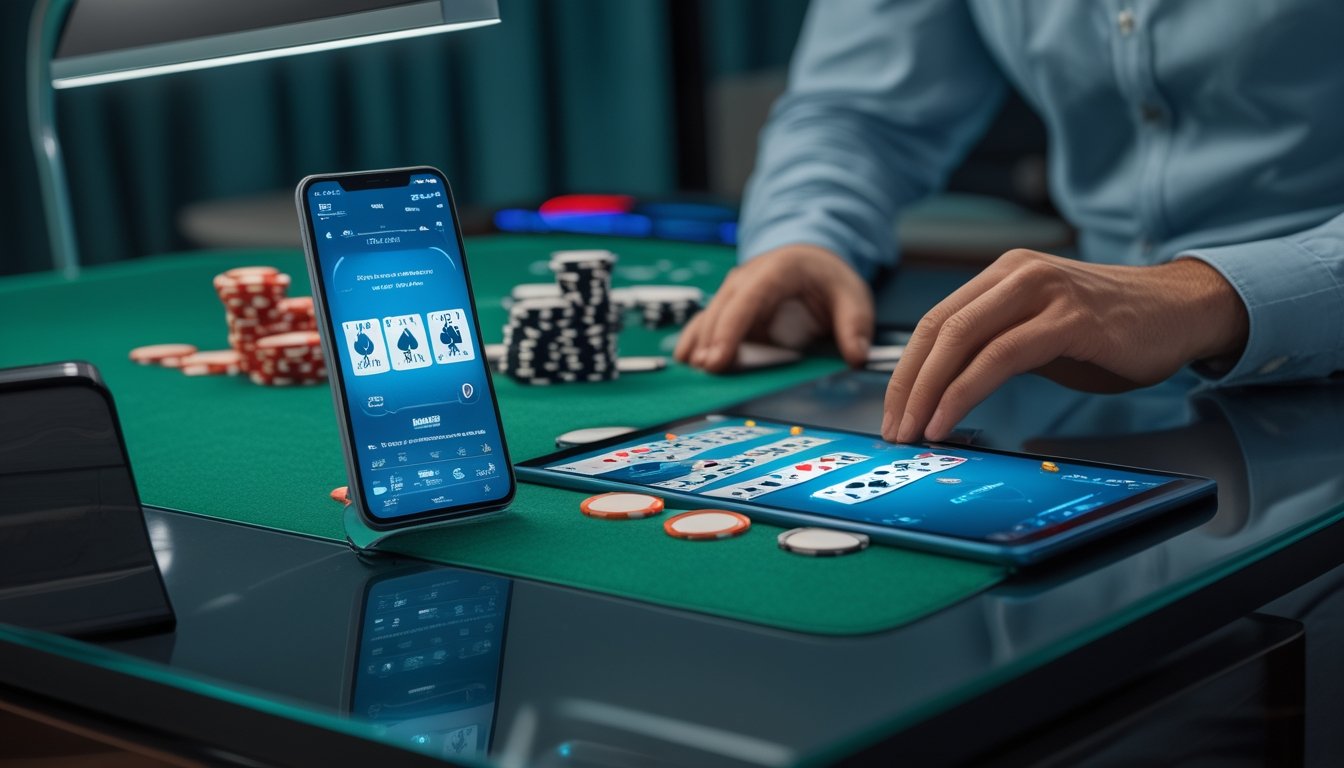 Tangan seseorang menggunakan beberapa perangkat seluler yang menampilkan meja poker digital.