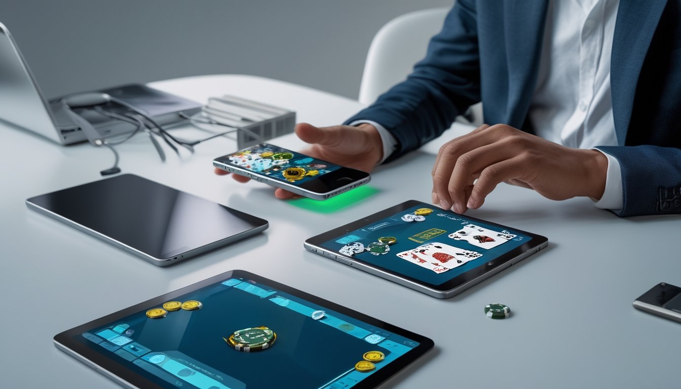 Smartphone dan tablet menampilkan permainan poker digital di meja kerja modern.