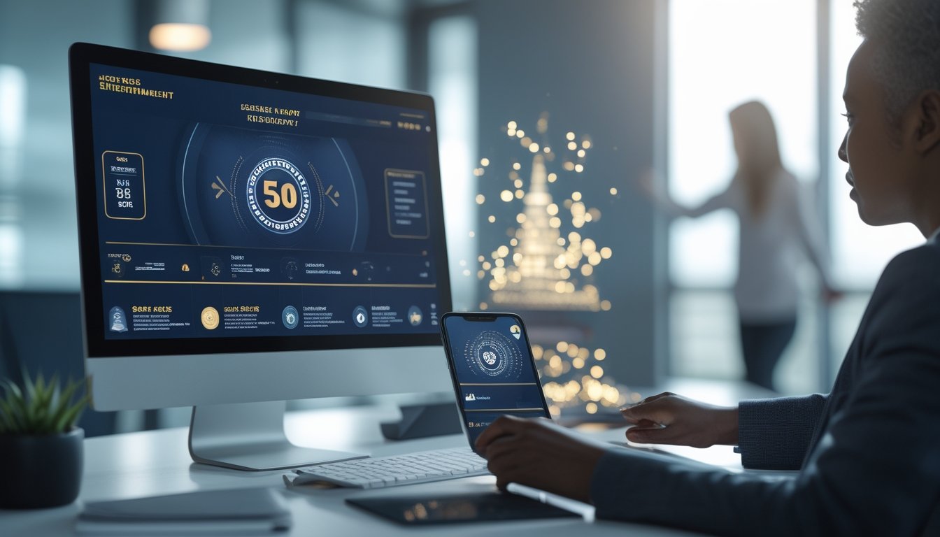 Perangkat komputer dan ponsel menampilkan antarmuka hiburan digital bernuansa biru dan emas di atas meja modern.