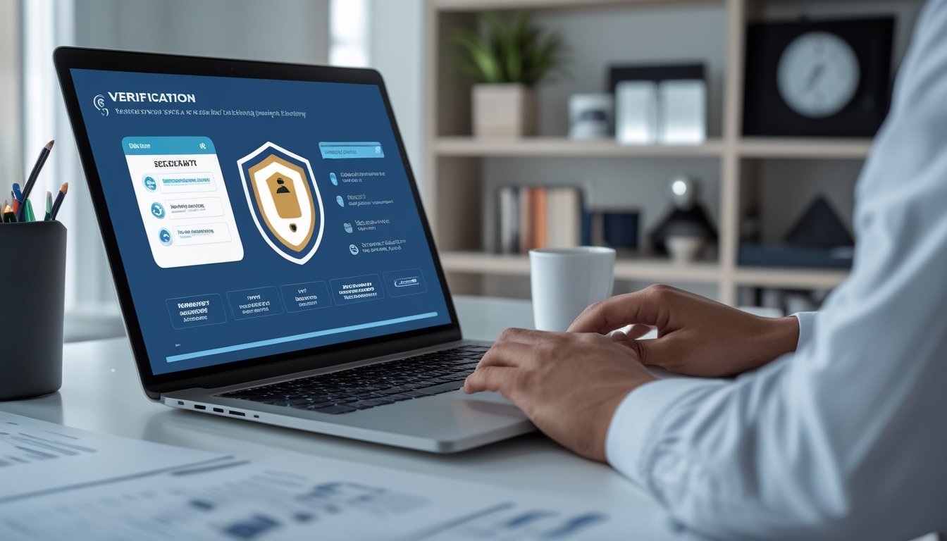 Seseorang memeriksa keamanan dan kredibilitas platform digital melalui laptop dan ponsel di meja kerja.