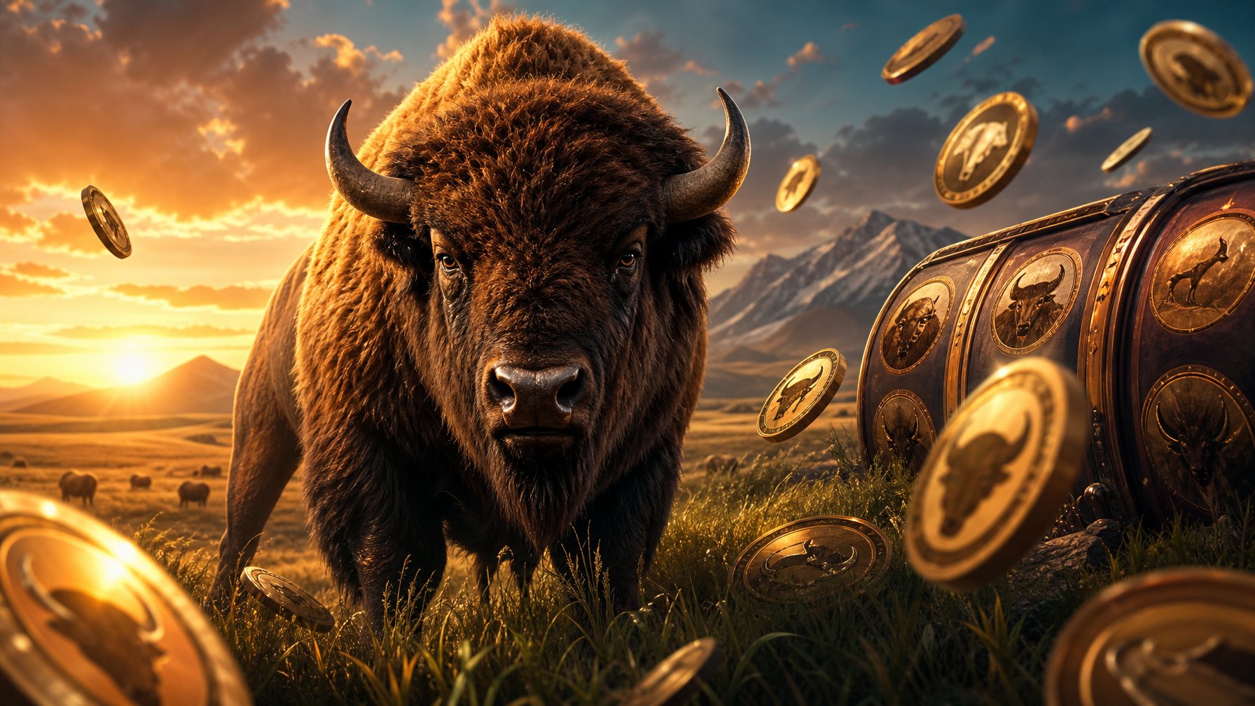 A Powerful Buffalo Stands On A Sunlit Prairie Surrounded By Glowing Gold Shapes And Abstract Game Symbols.