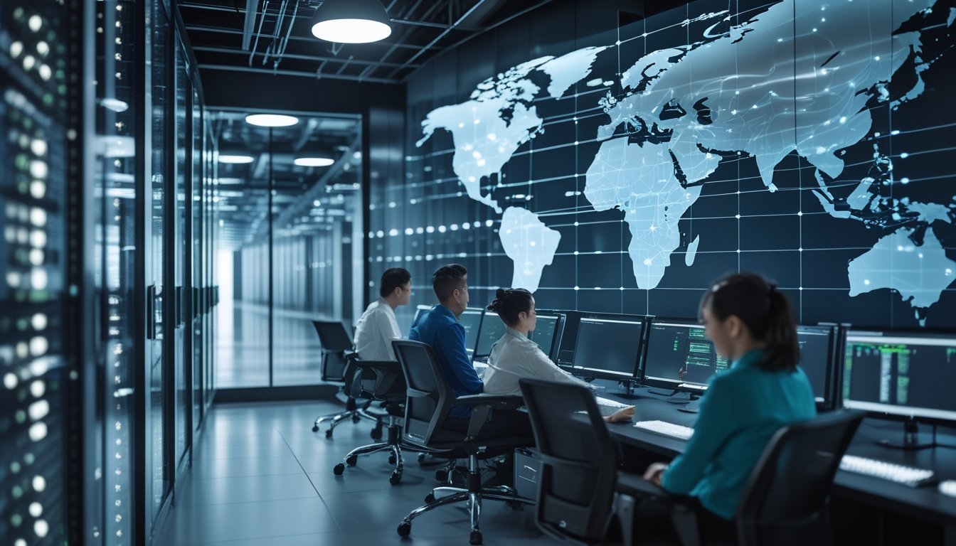 Ruang pusat data modern dengan rak server dan teknisi yang memantau koneksi jaringan global.