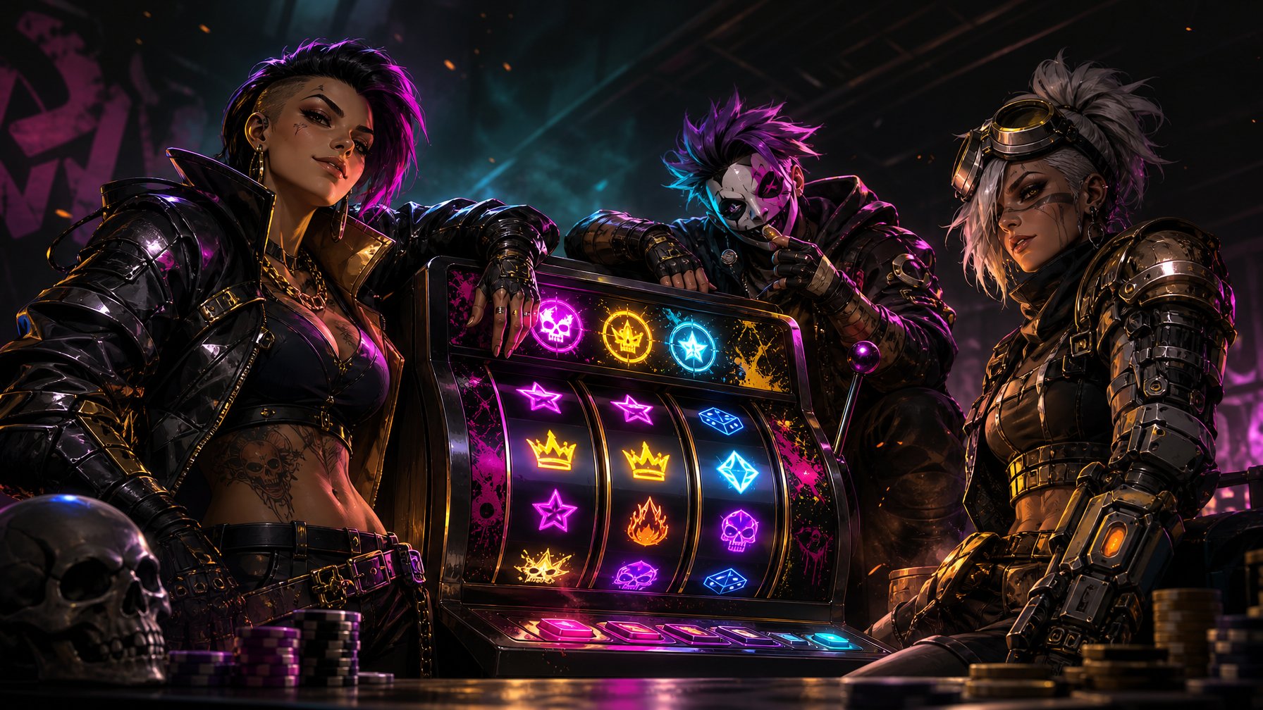 Three Rebellious Characters Gather Around A Glowing Slot Machine In A Dark NeonLit Urban Setting.