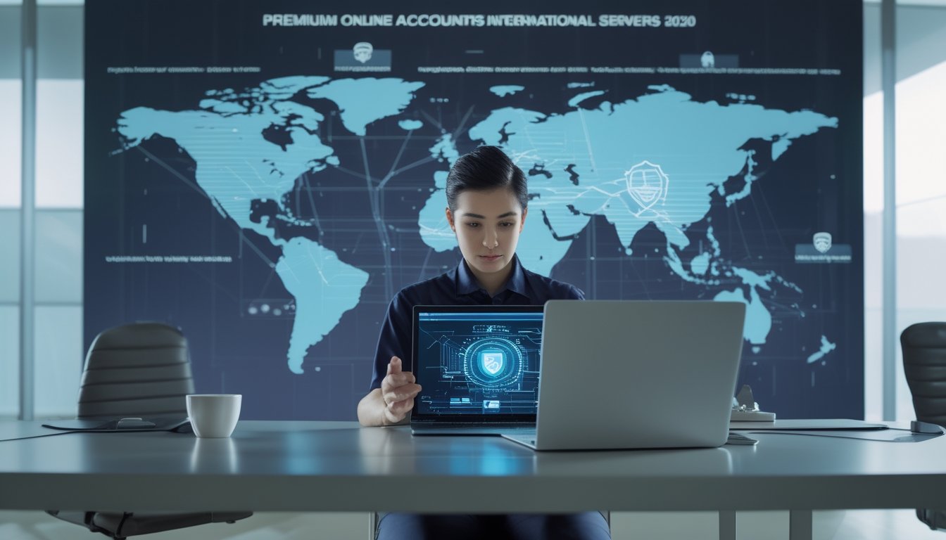 Seorang profesional menggunakan laptop dengan visual jaringan server global yang aman dan cepat di ruang kerja modern.