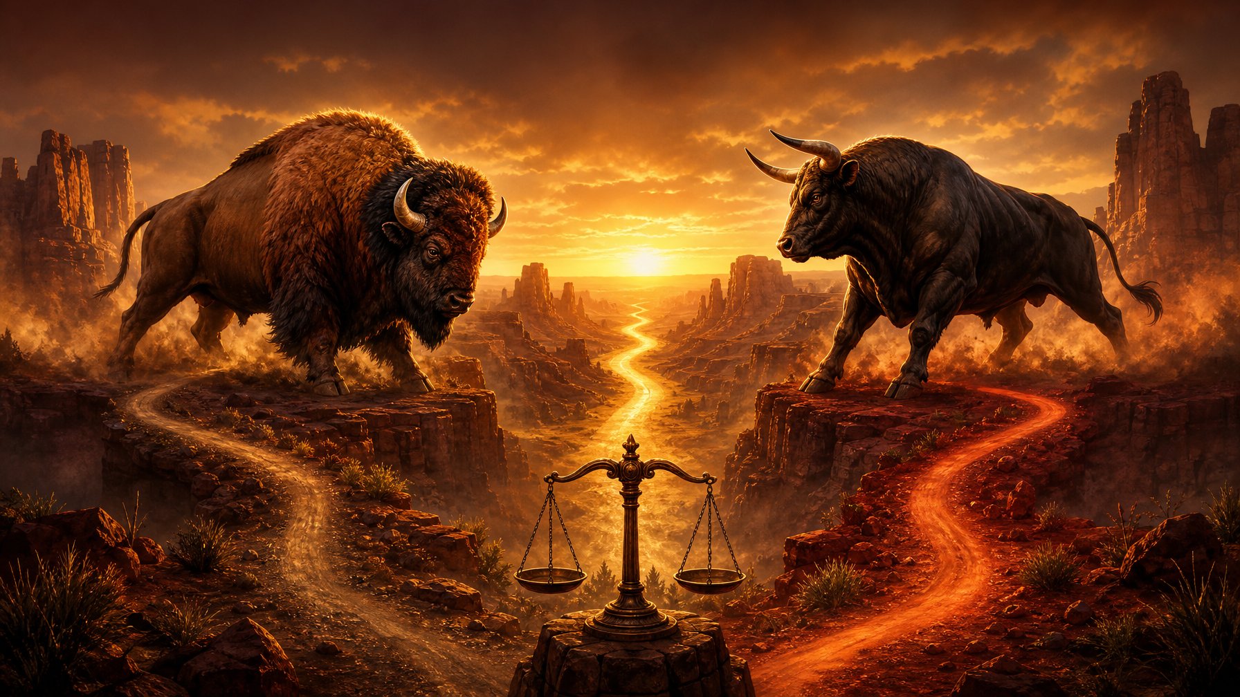 A Bison And A Fighting Bull Face Each Other In A Dramatic Desert Canyon At Sunset, With Balanced Scales And Two Paths Between Them.