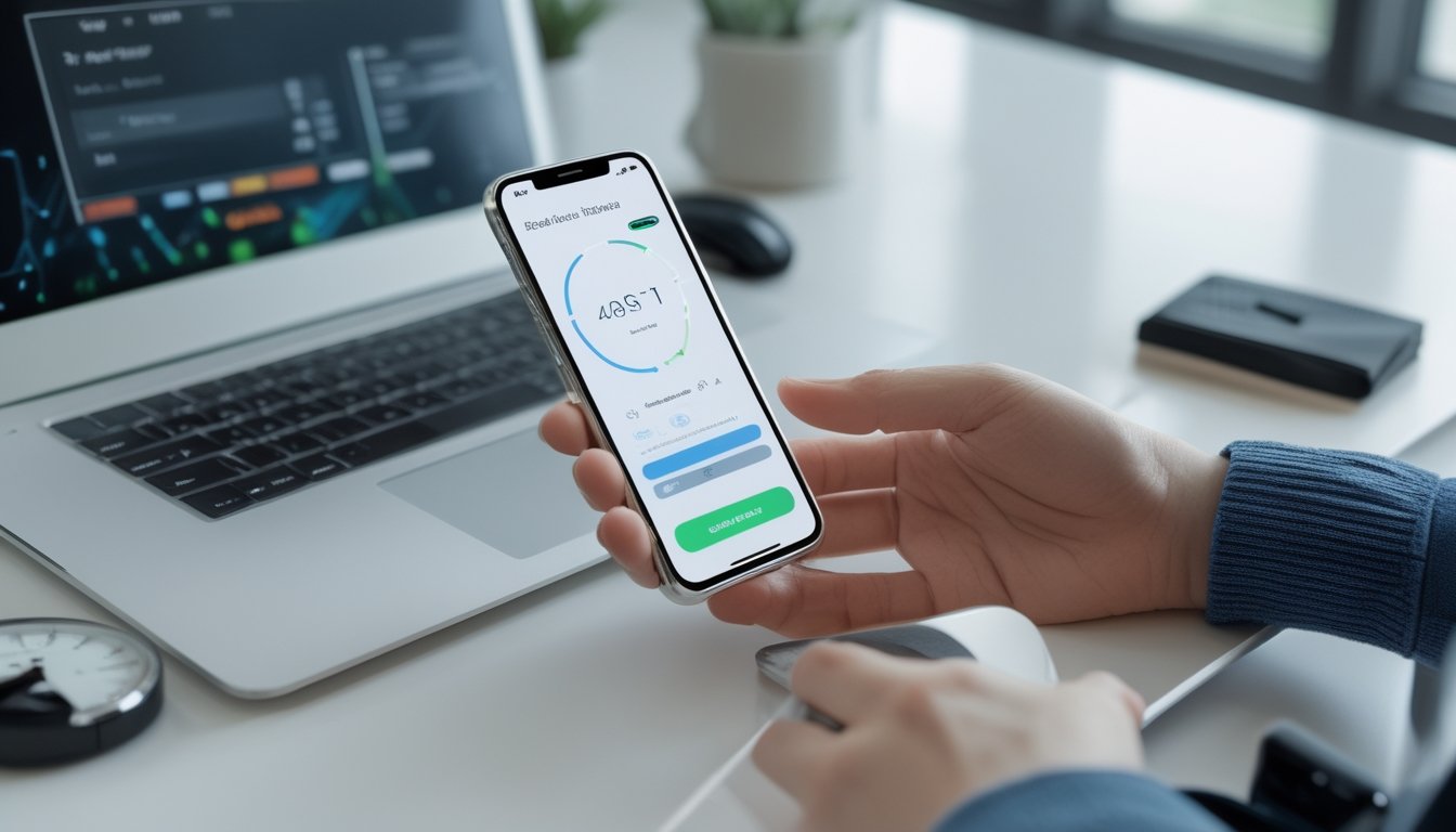 Seseorang memeriksa proses pencairan saldo digital melalui ponsel di meja kerja.