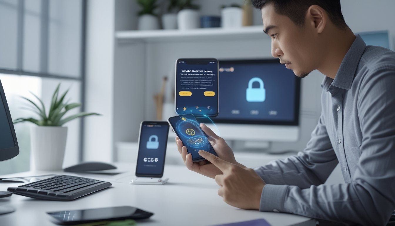 Seseorang memeriksa proses deposit pulsa melalui ponsel di ruang kerja modern.