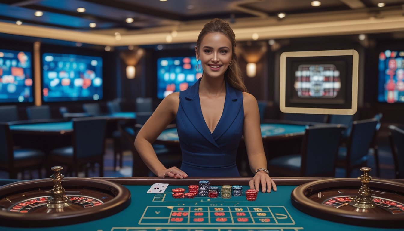 Dealer perempuan berinteraksi dengan pemain di meja kasino mewah dengan kartu, chip, dan roda roulette.