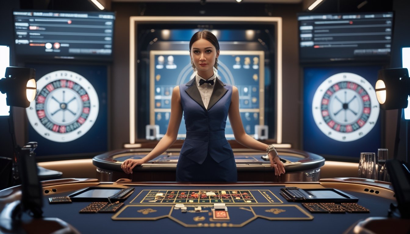 Dealer perempuan berinteraksi di studio kasino live modern dengan meja permainan dan peralatan siaran.