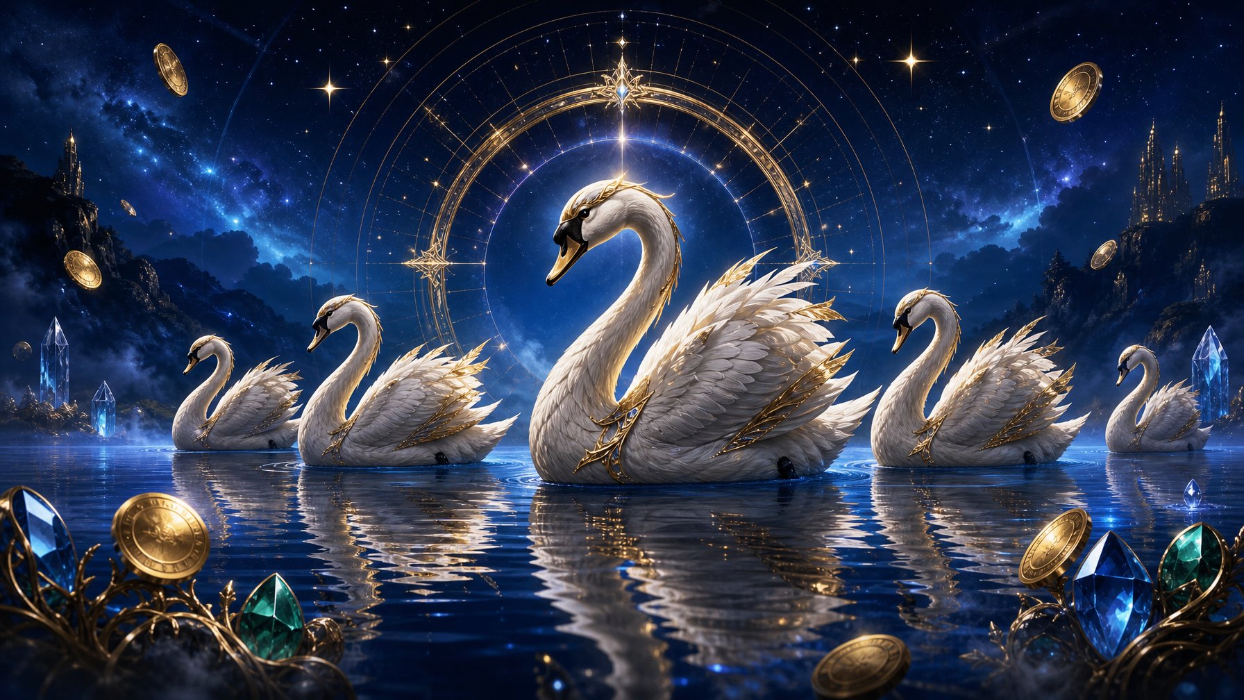 Five Glowing Swans Glide Across A Moonlit Lake Beneath A StarFilled Sky With Elegant Golden And Blue Accents.