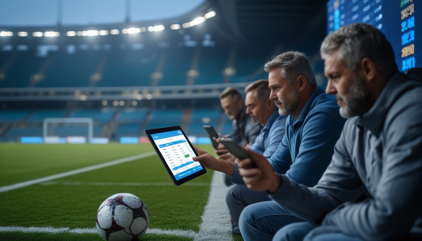 Pendukung sepak bola dewasa melihat statistik pertandingan di stadion yang terang dengan sebuah bola di lapangan.