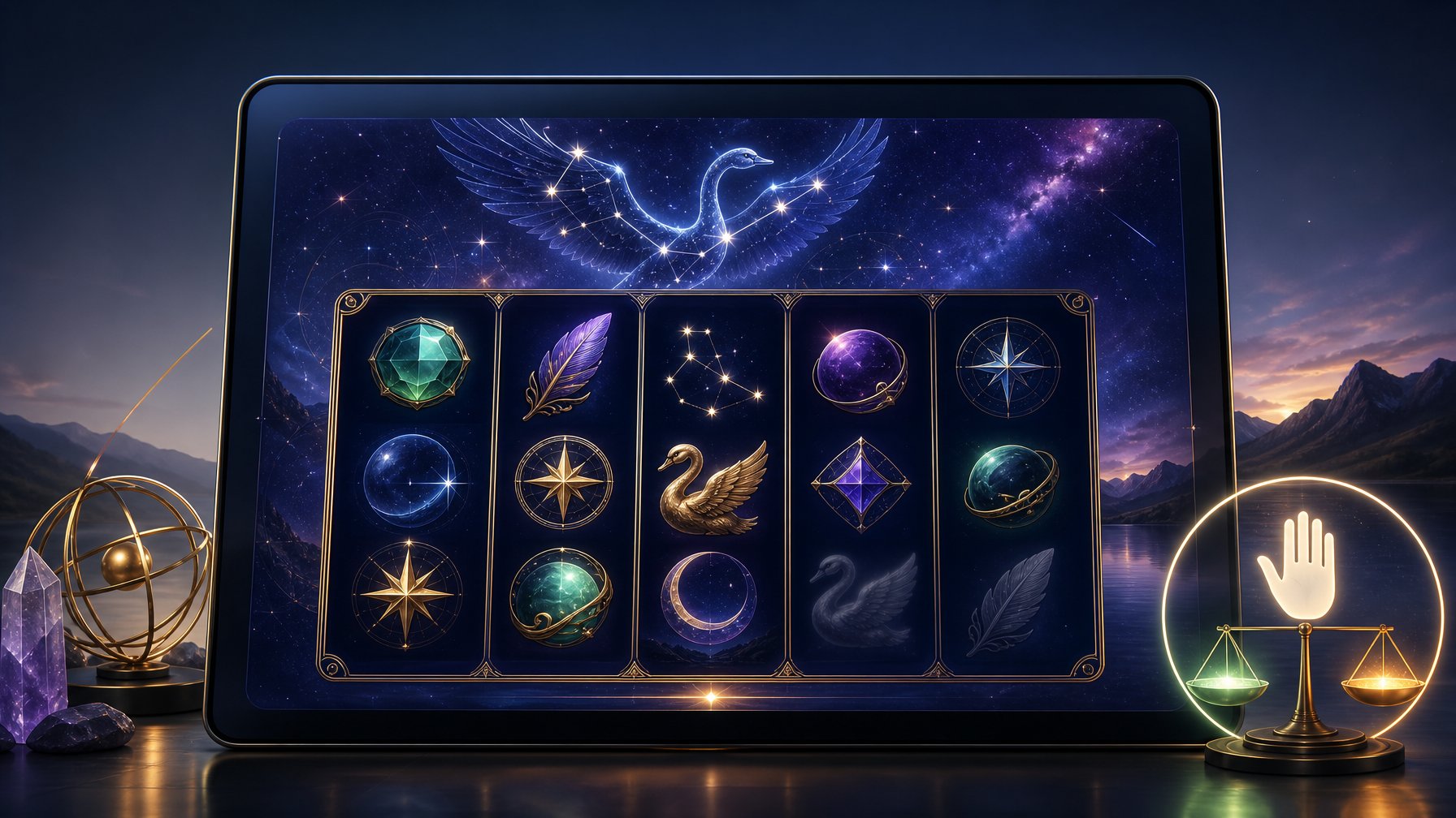 A FiveReel Celestial Slot Game Display With A Glowing Constellation Swan Against A Dark Blue And Violet Space Background.