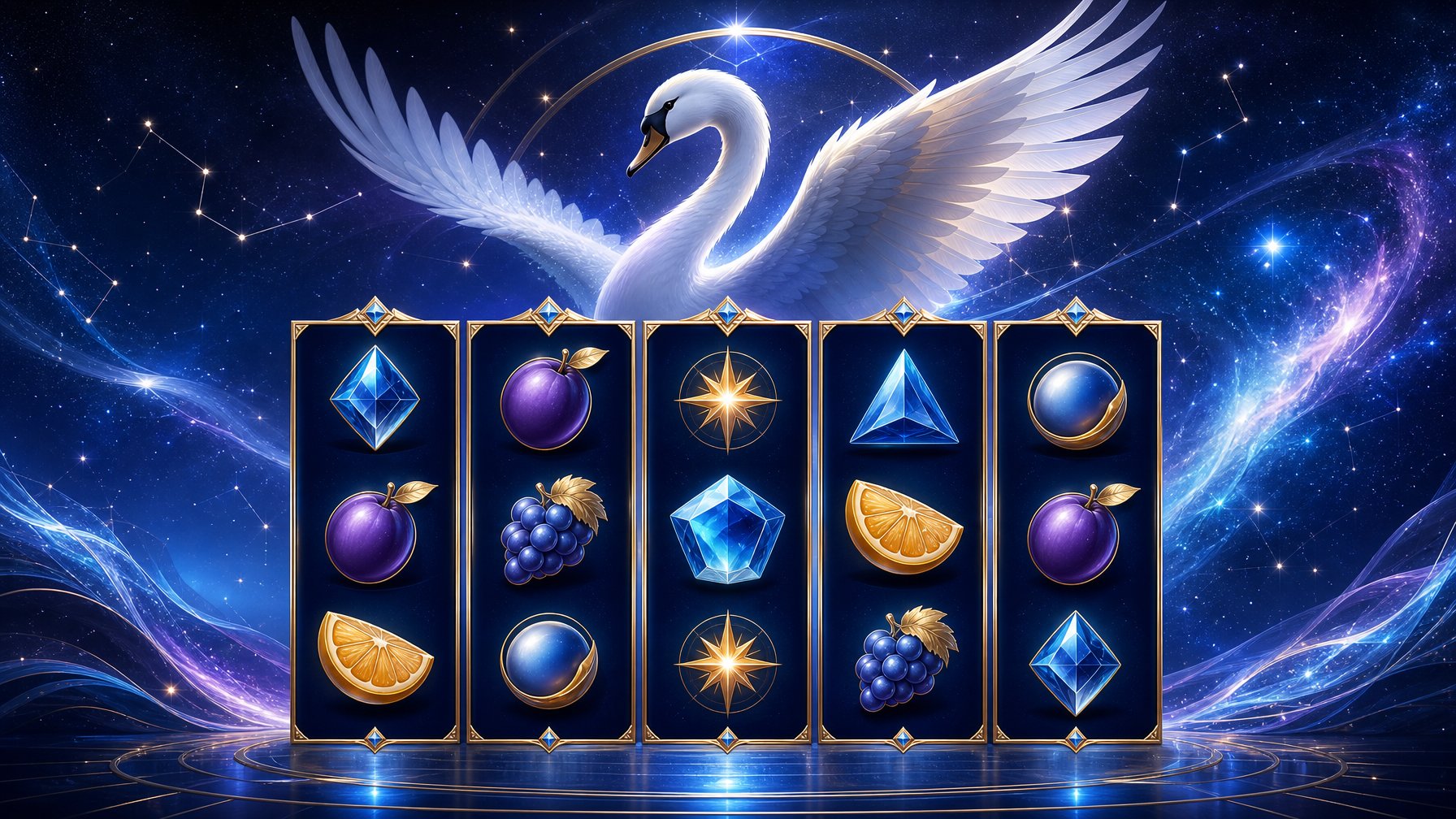 A Luminous White Swan Glides Above A Futuristic FiveReel Slot Interface Against A Blue And Violet Starry Background.