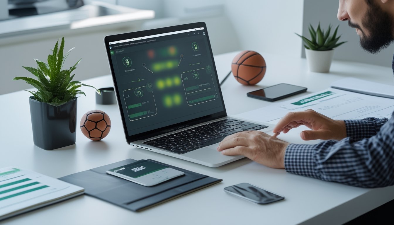 Seseorang meninjau platform taruhan sepak bola melalui laptop dan ponsel di meja kerja modern.