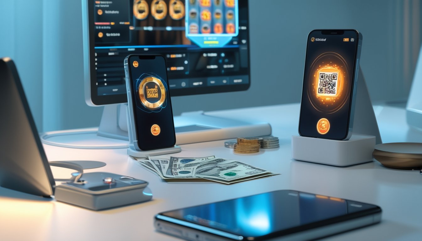 Ponsel dengan tampilan permainan digital generik berada di samping uang rupiah dan perangkat pembayaran dengan pola QR abstrak.