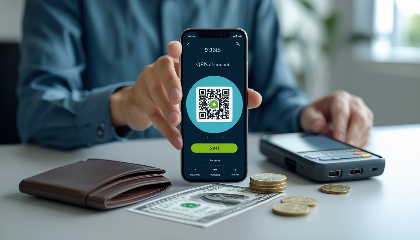 Seseorang menggunakan ponsel untuk melakukan pembayaran QRIS dengan dompet berisi sejumlah uang rupiah di atas meja.