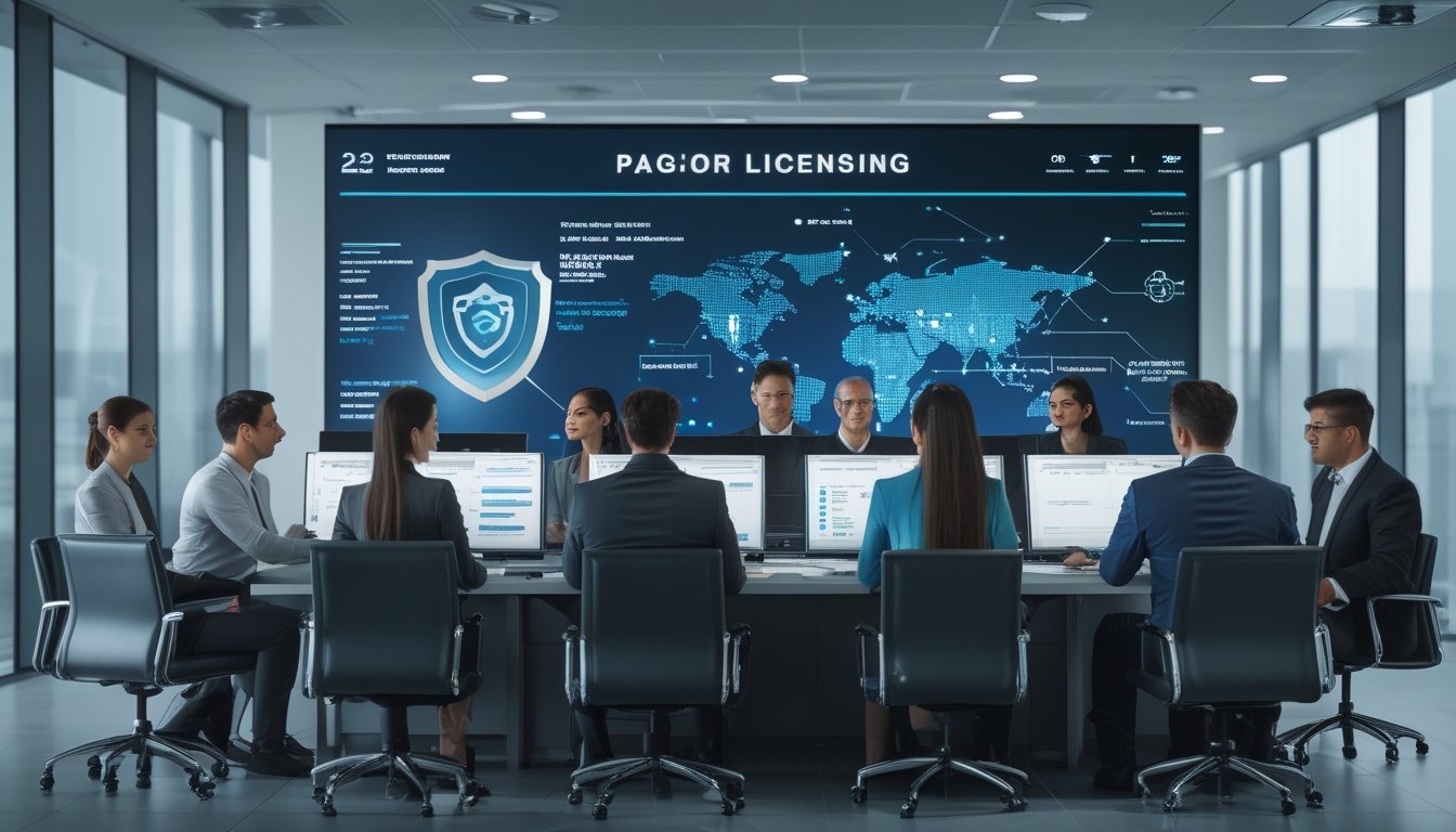 Tim profesional memeriksa kepatuhan lisensi dan keamanan platform permainan online dengan latar jaringan global digital.