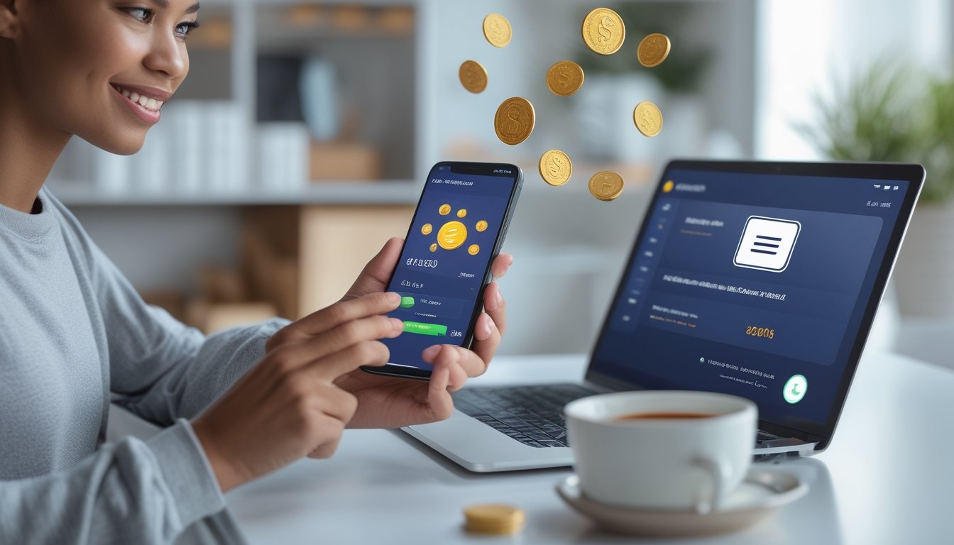 Seseorang memainkan gim di ponsel dengan visual koin dan transfer dana ke rekening bank.