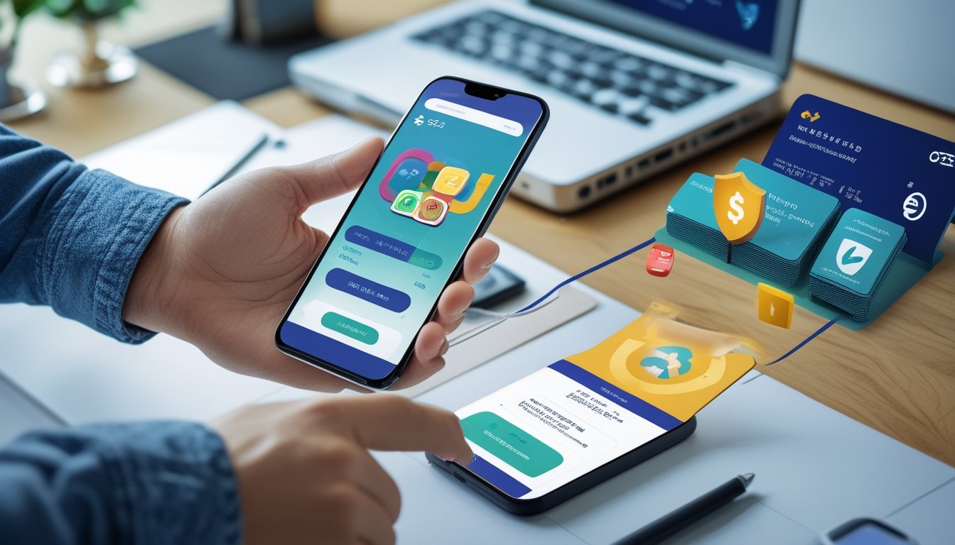 Tangan seseorang menggunakan ponsel dengan permainan digital dan simbol transfer aman ke rekening bank.
