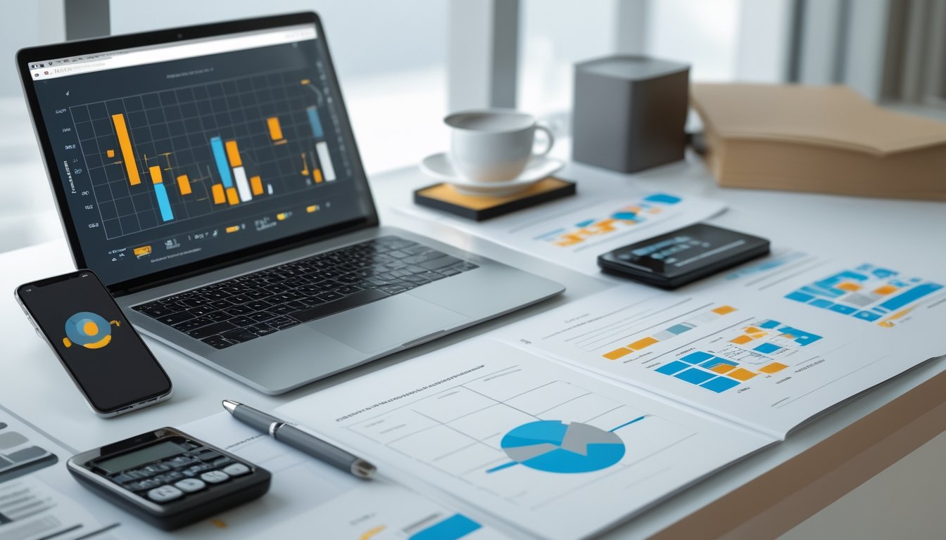 Meja kerja modern dengan laptop, ponsel, kalkulator, dan lembar analisis berisi pola angka yang tidak terbaca.