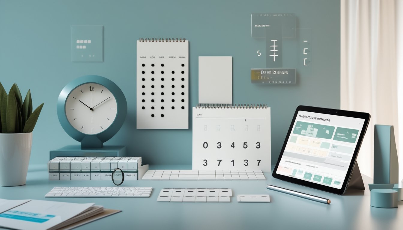 Meja kerja modern dengan kalender kosong, jam digital, kartu pola angka, dan tablet berisi grafik buram.