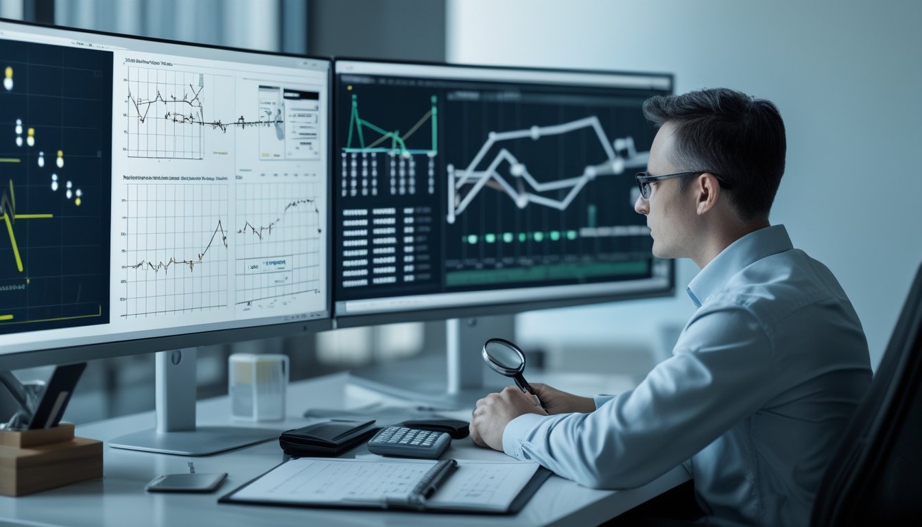 Seorang analis data mempelajari grafik probabilitas dan visualisasi angka di ruang kerja modern.