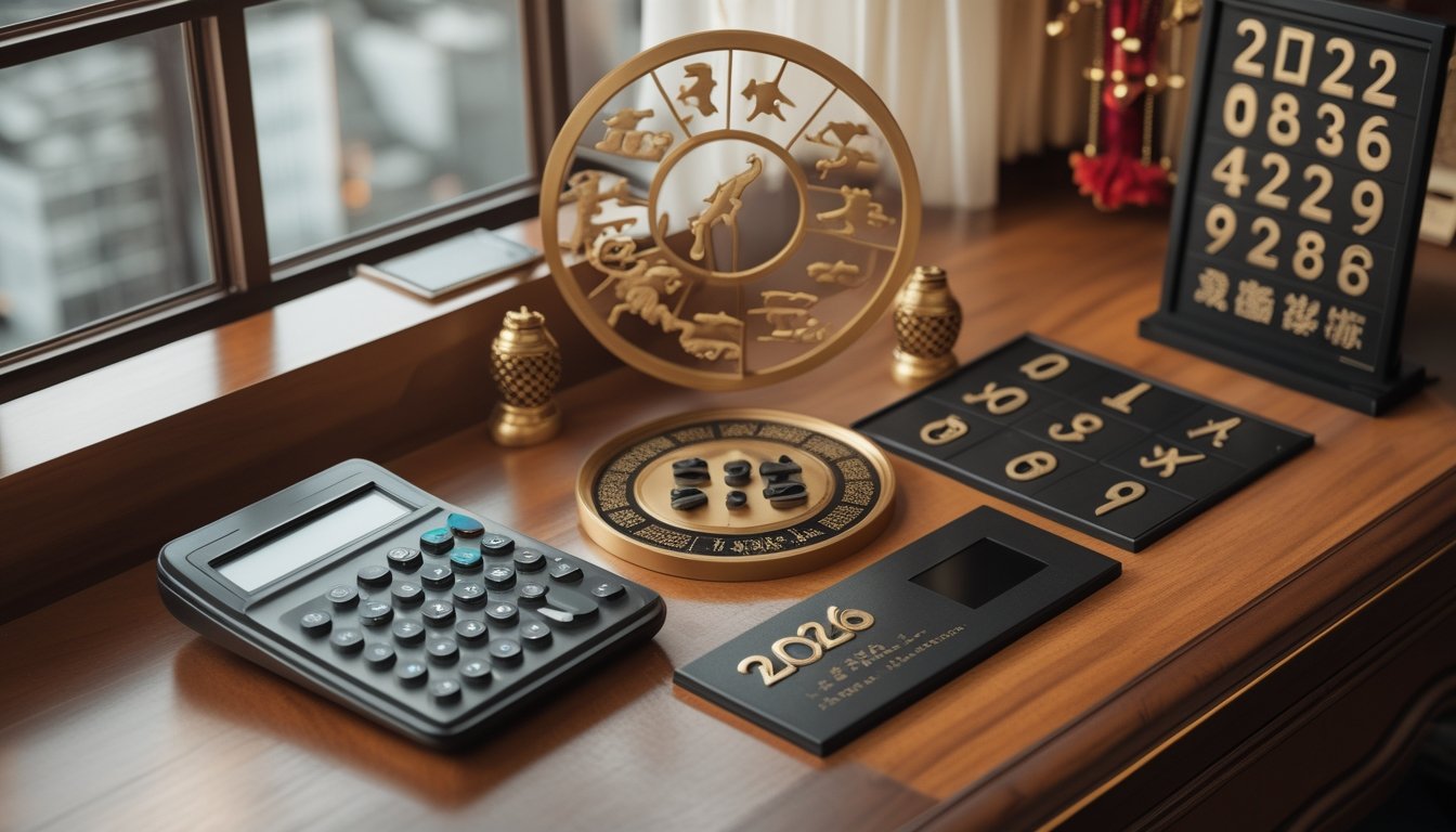 Meja kerja dengan roda zodiak, kalkulator, keping angka, dan kalender 2026 dalam suasana hangat.