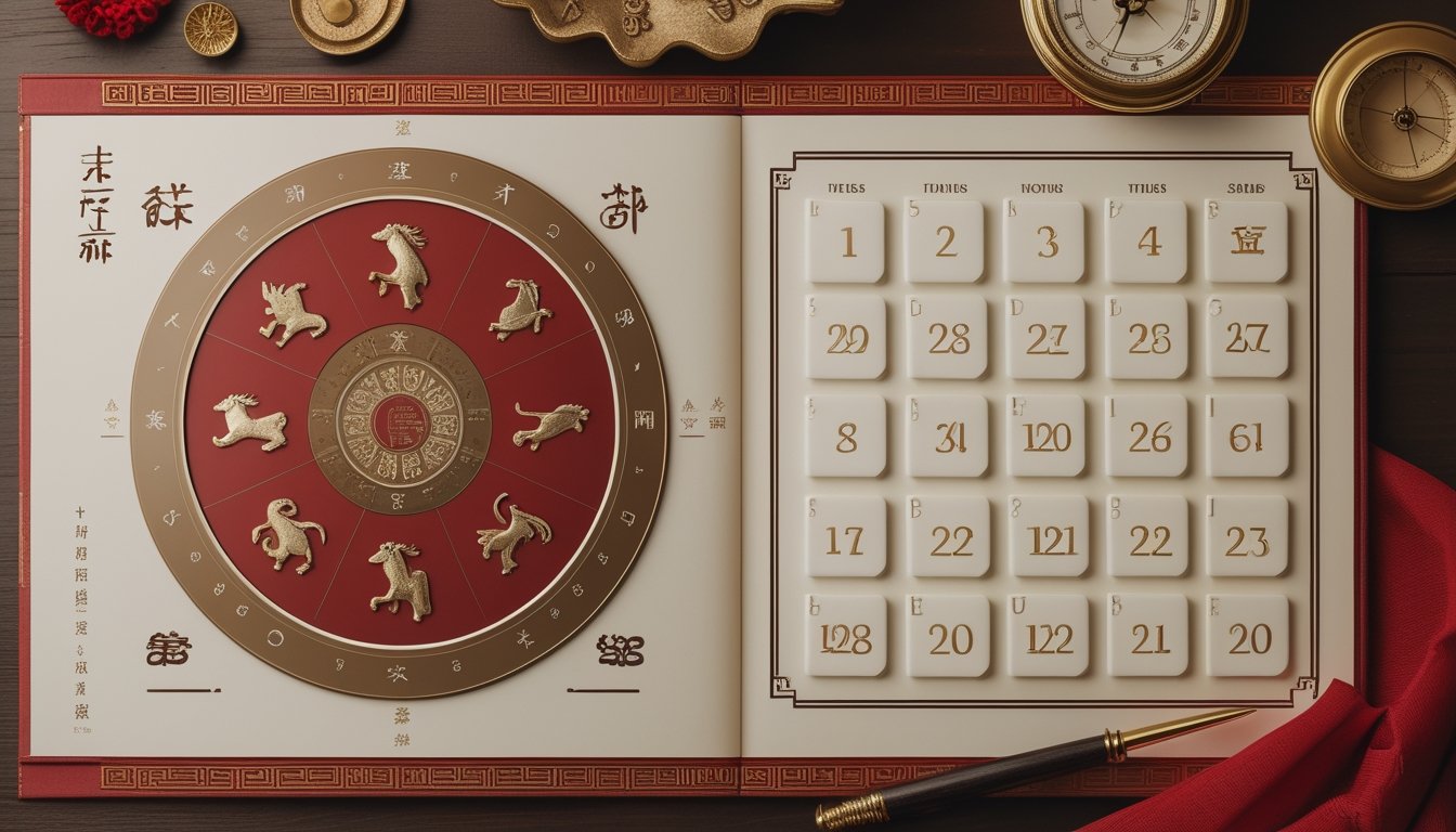 Roda shio Tionghoa dengan simbol kuda, keping angka kosong, dan ornamen merah emas di atas meja.