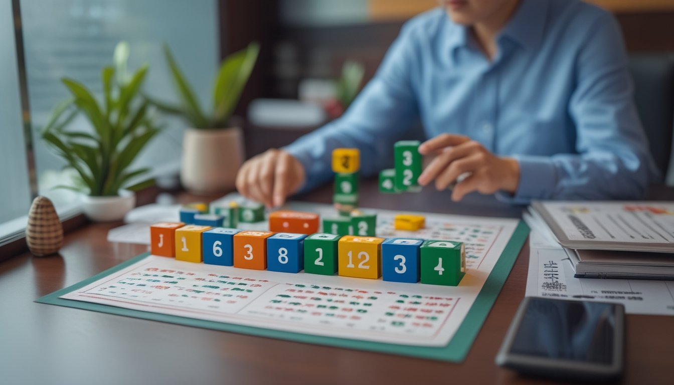 Seorang peneliti menata keping angka dan benda simbolis di atas meja dengan kalender tradisional.
