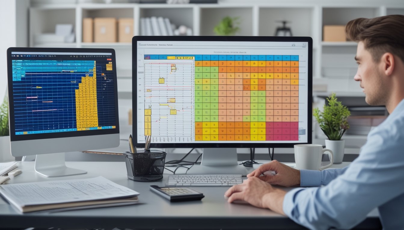 Seseorang menganalisis pola warna dan data angka pada layar komputer di meja kerja.