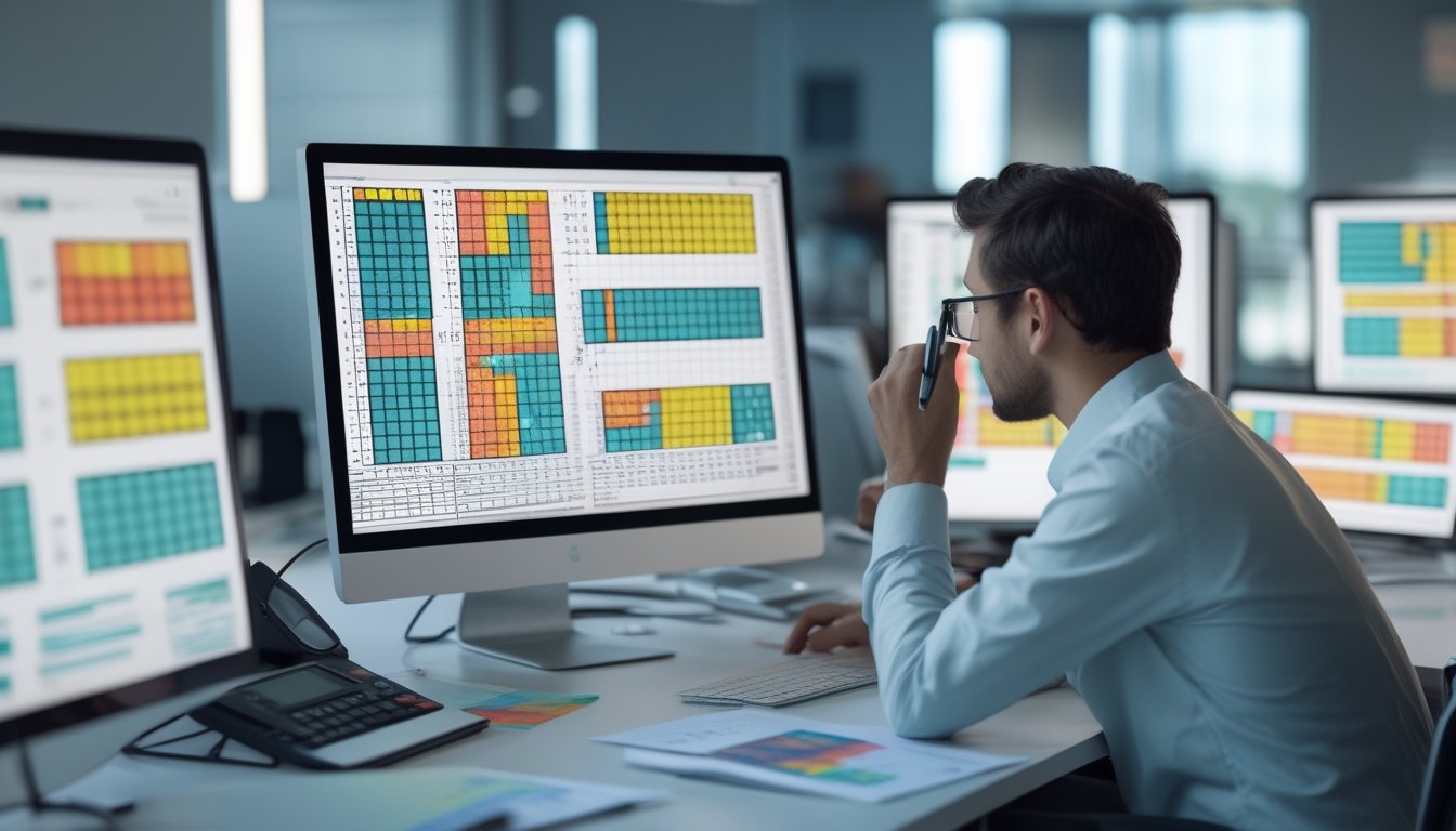 Seorang analis mempelajari pola data berwarna pada beberapa layar dan lembar kerja di meja.