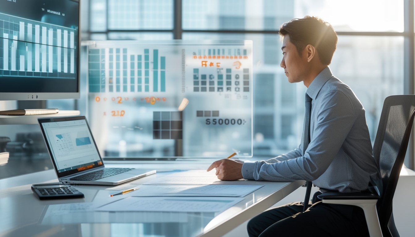 Seorang analis memeriksa lembar perhitungan dan grafik abstrak di meja kerja modern.