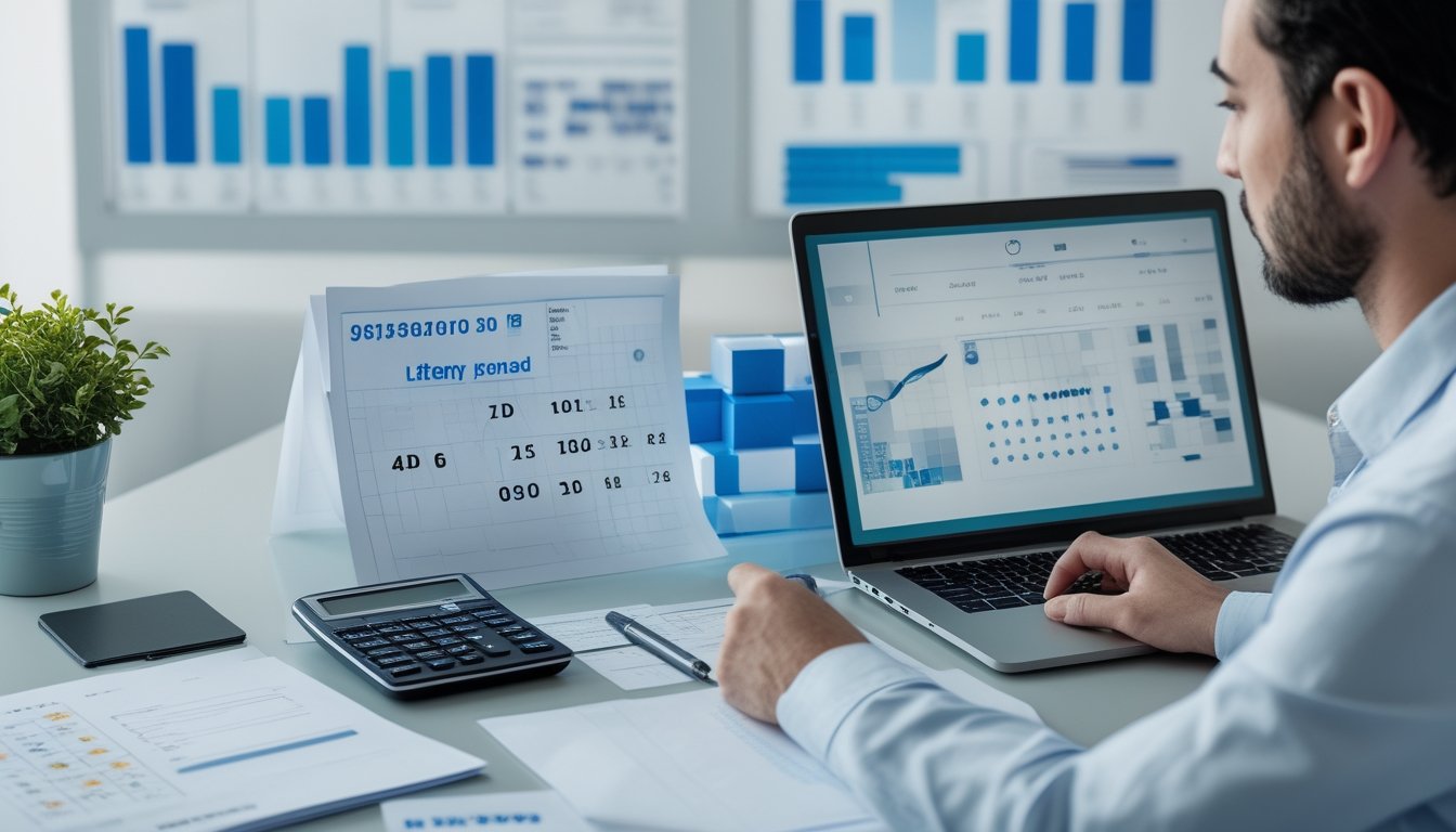 Seorang analis meninjau data angka dan grafik abstrak di meja kerja dengan kalkulator dan dokumen.