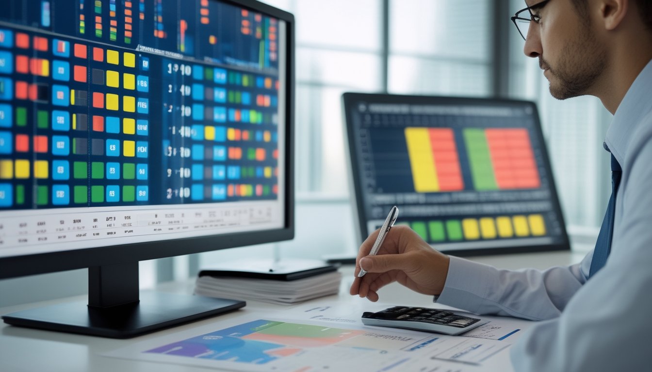 Seorang analis menunjuk pola warna pada grafik data di meja kerja modern.