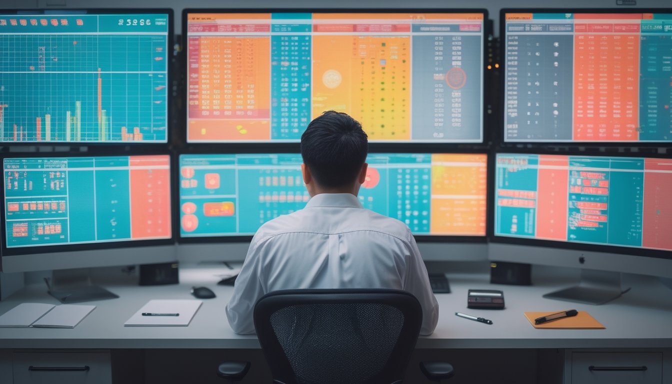 Seorang analis mempelajari pola data berwarna pada beberapa monitor di ruang kerja modern.