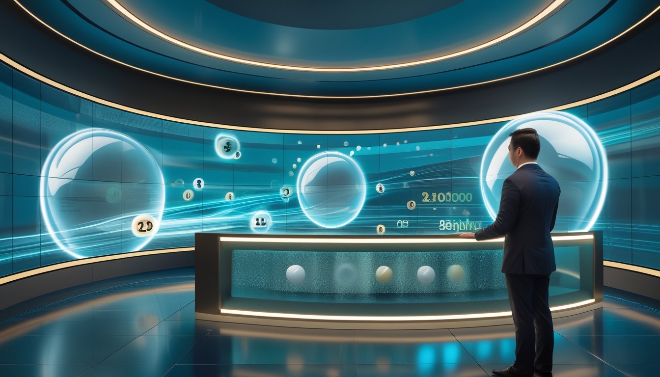Presenter mengoperasikan layar digital dalam studio modern dengan visualisasi hasil undian abstrak.