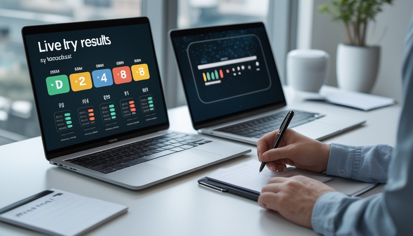 Seseorang memeriksa hasil undian langsung pada laptop dan ponsel di meja kerja.