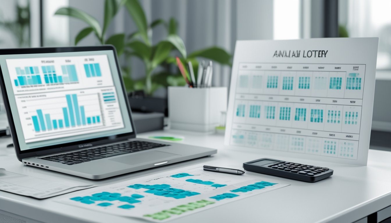 Meja kerja dengan laptop, kalender tahunan, spreadsheet, dan kalkulator untuk mengolah data angka.