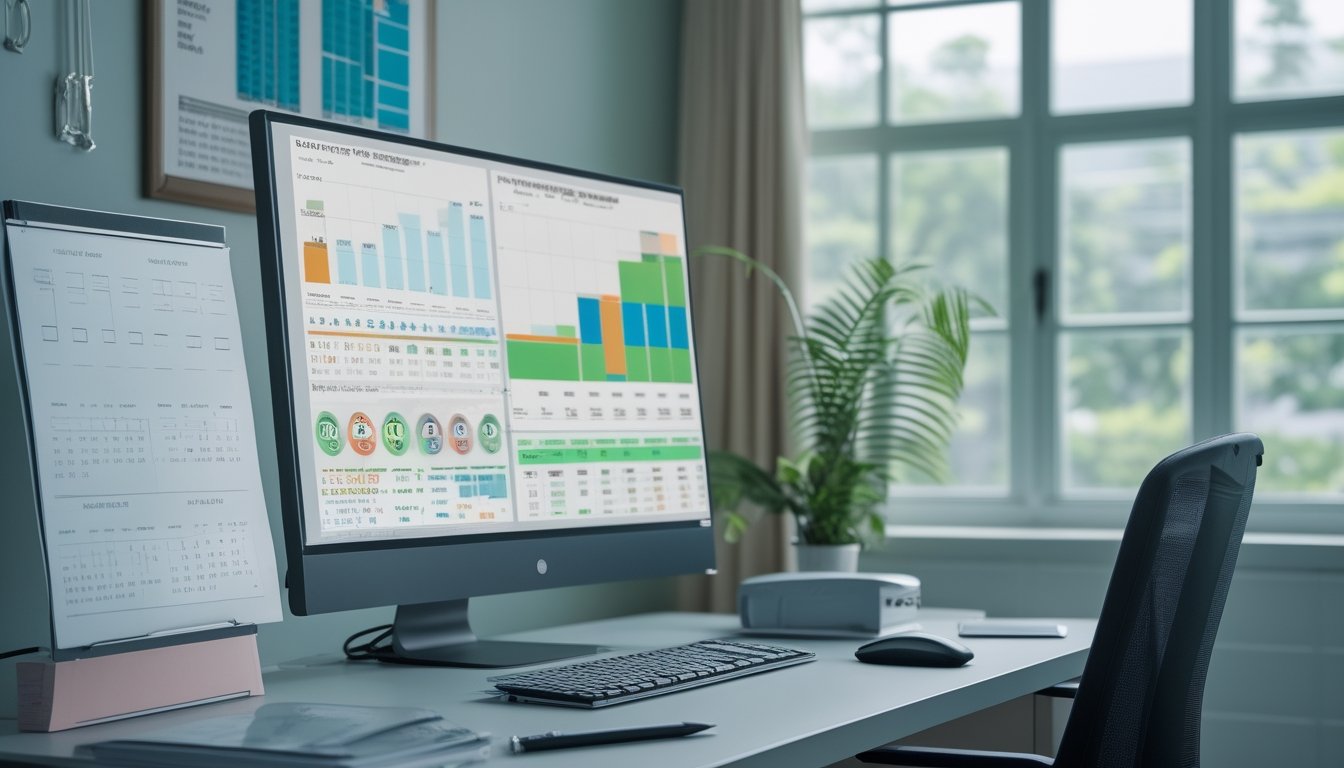 Meja kerja dengan monitor yang menampilkan grafik dan ringkasan data tahunan.