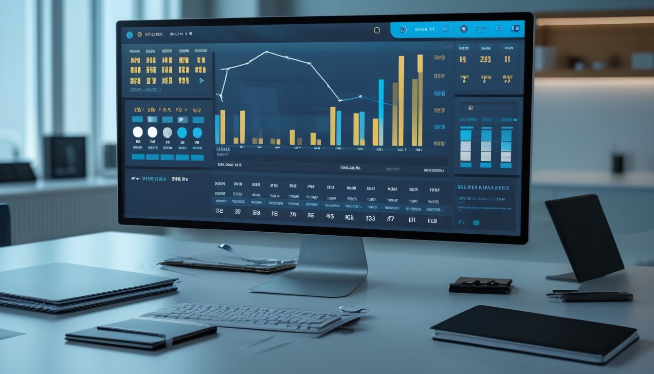 Meja kerja modern dengan monitor menampilkan dasbor analisis data berupa tabel dan grafik abstrak.