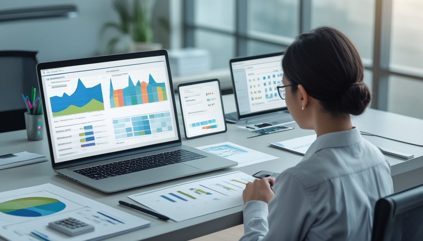 Seorang analis memeriksa tabel dan visualisasi data numerik di meja kerja modern.