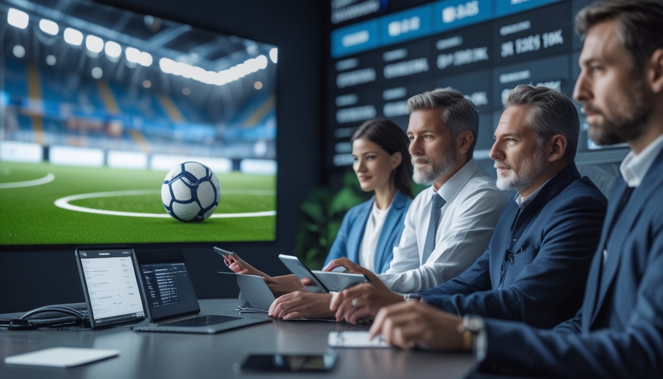 Analis sepak bola dan penggemar melihat statistik pertandingan di studio modern dengan suasana stadion Eropa.
